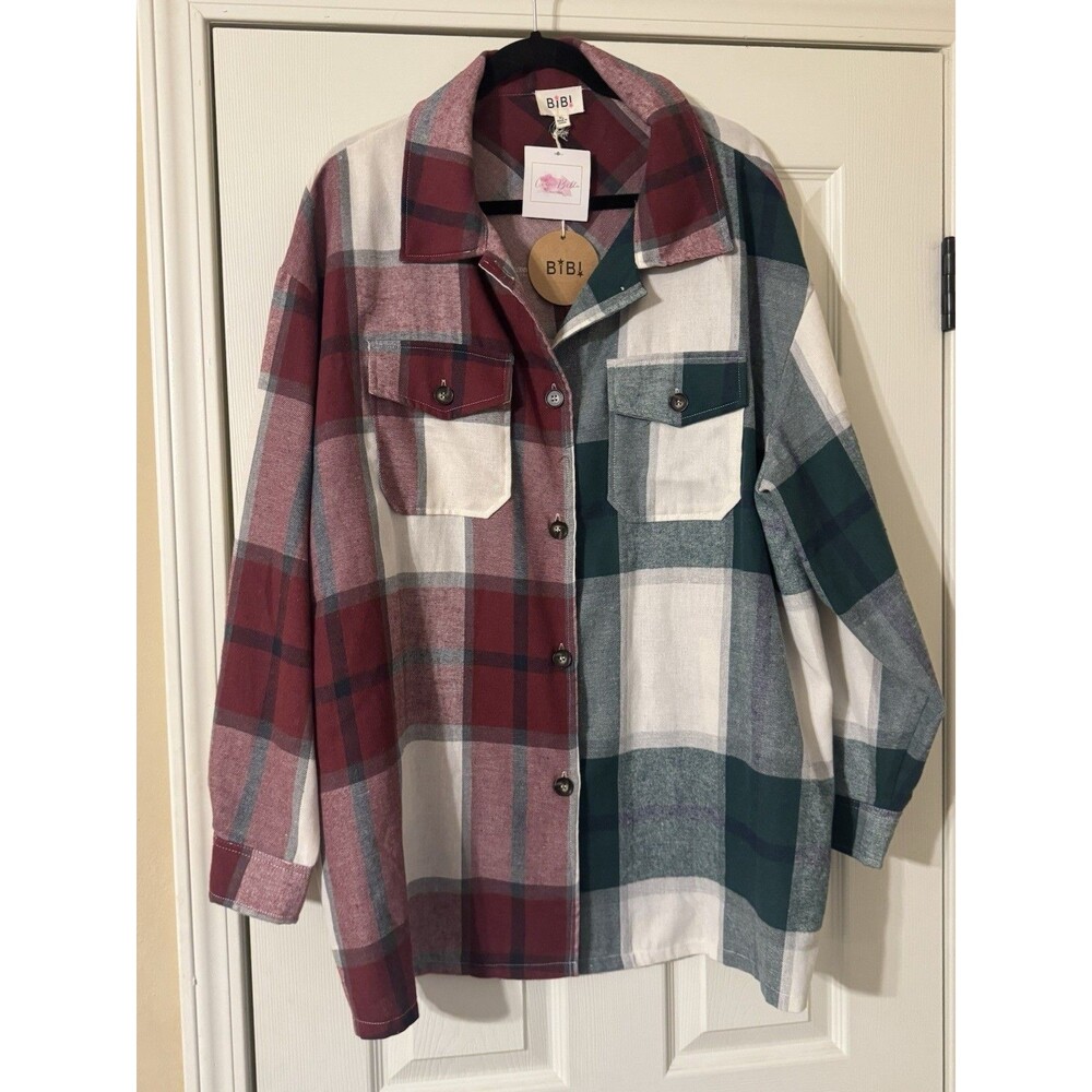 Bibi Flannel Oversized Button Up Shirt Xl NWT Polyester